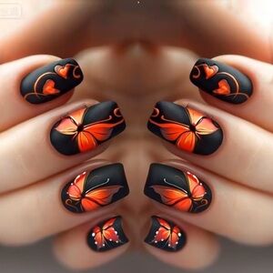 Designer 24Pcs Black with Butterfly & Heart Matte Finish Long Square Press on